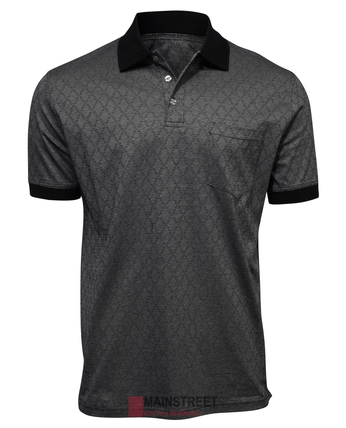 The Back Bay Mercerised Cotton Jacquard Polo features short sleeves, a gray diamond-patterned fabric, black collar and sleeve cuffs, front buttons, and a small chest pocket.