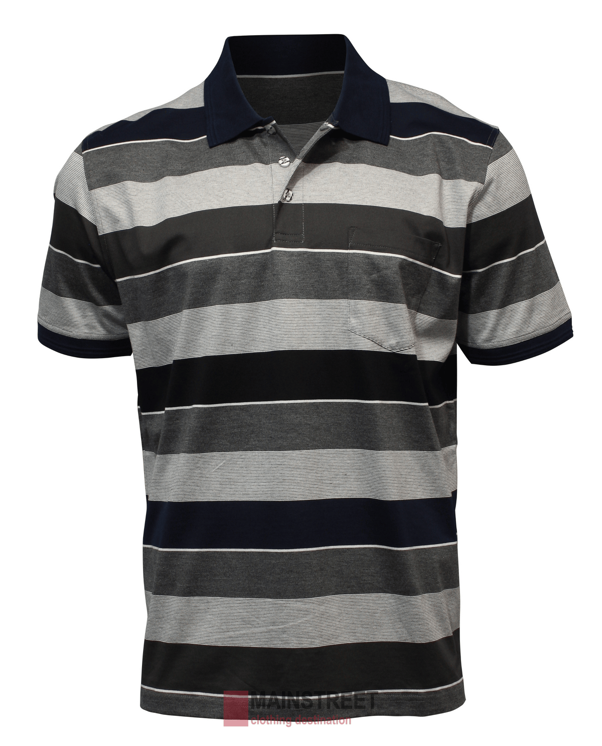 The Back Bay Mercerised Cotton Striped Polo features short sleeves, a collar, partial button placket, chest pocket, and horizontal stripes in grey, black, and navy for a classic look.