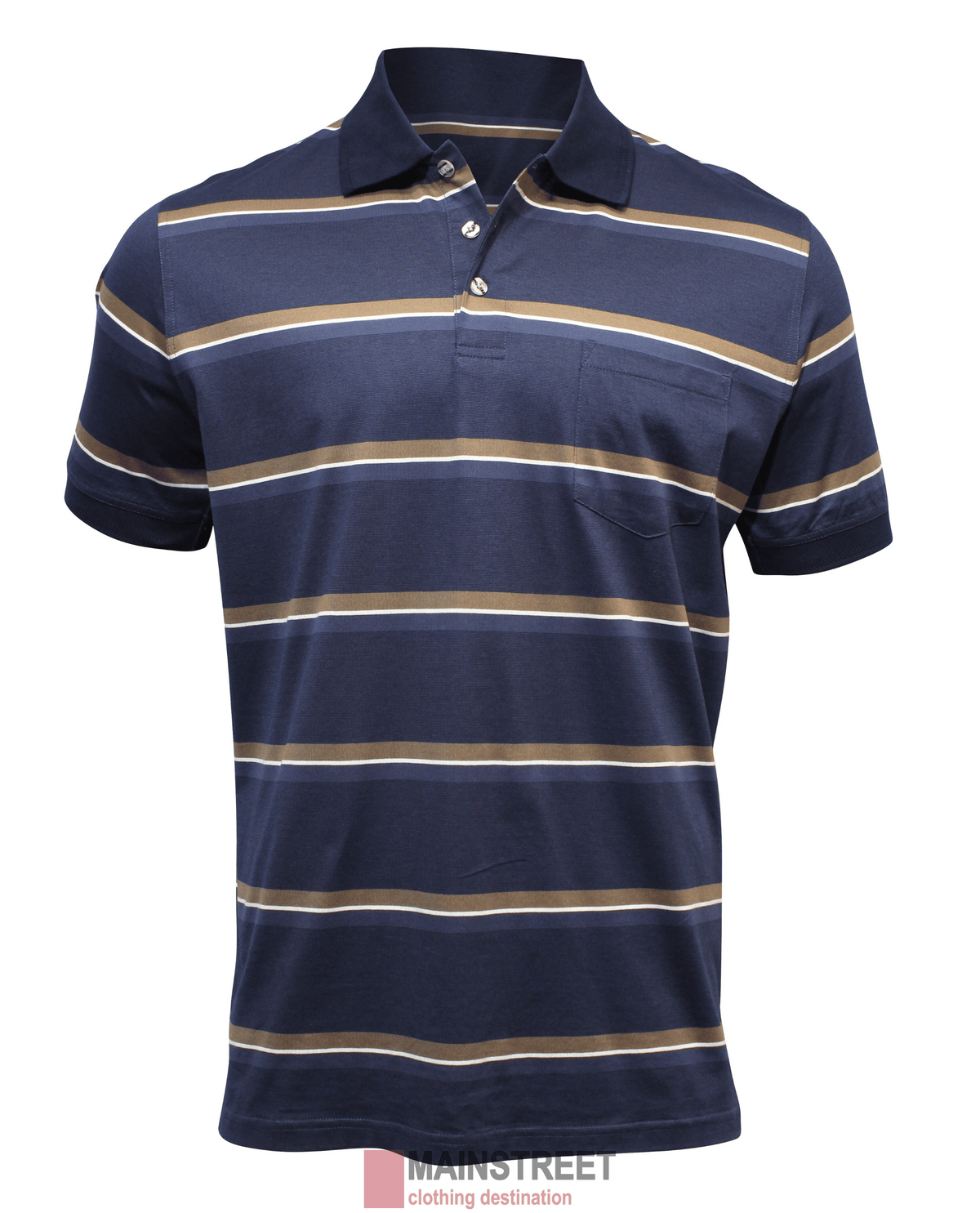 The Back Bay Mercerised Cotton Striped Polo, in navy, features short sleeves with horizontal brown and beige stripes, a classic style with a left-side pocket, and a three-button collared design.