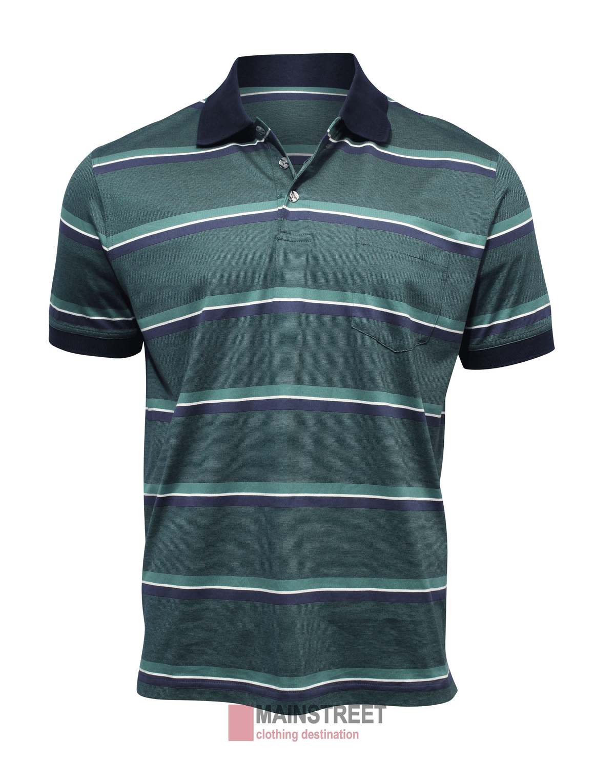 The Back Bay Mercerised Cotton Striped Polo features green and navy stripes, short sleeves, a navy collar and cuffs, chest pocket, "MAINSTREET clothing destination" branding at the hem in a classic polo design.