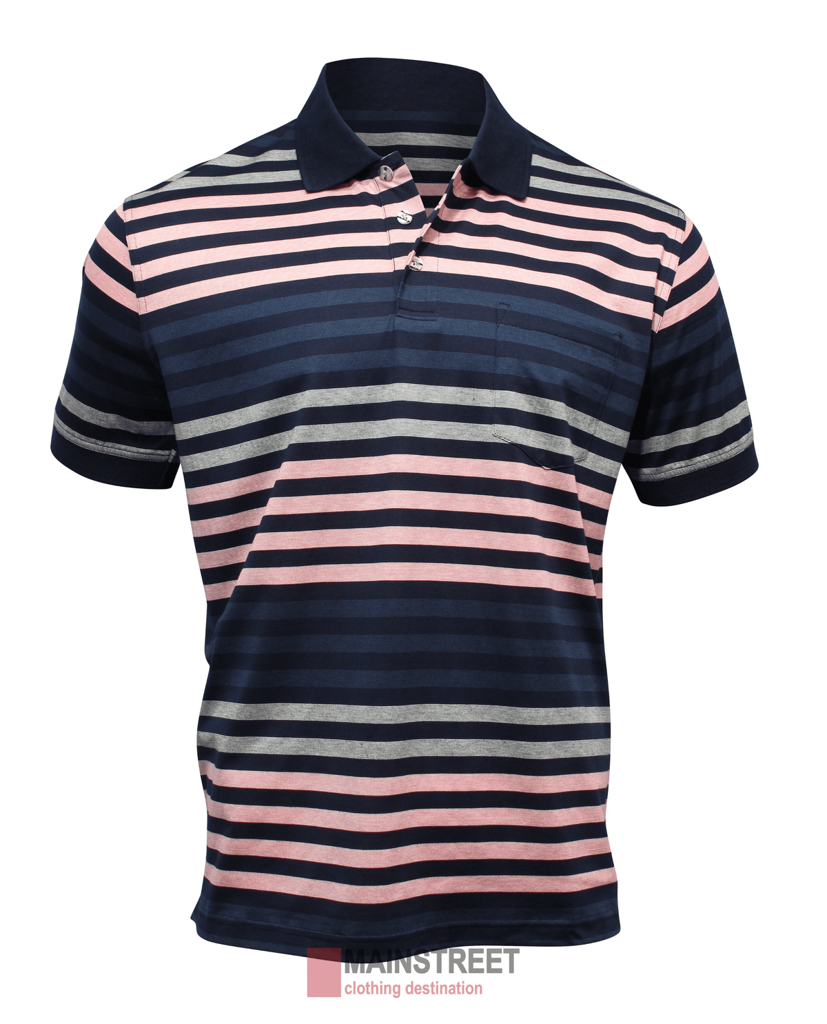 The Back Bay Mercerised Cotton Striped Polo features short sleeves, a folded collar, and a classic design with navy, pink, and gray horizontal stripes for style and comfort.