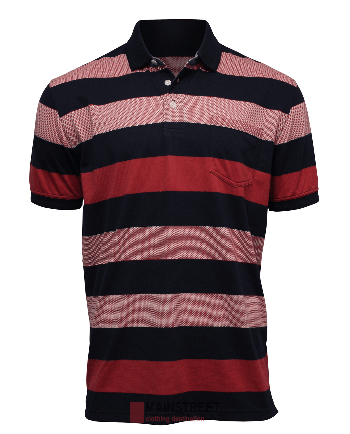 The Back Bay Cotton Blend Striped Polo has wide horizontal stripes in pink, red, and navy blue, made from a comfy cotton blend. It features a collar, small chest pocket, and buttons at the top—ideal for business casual attire.