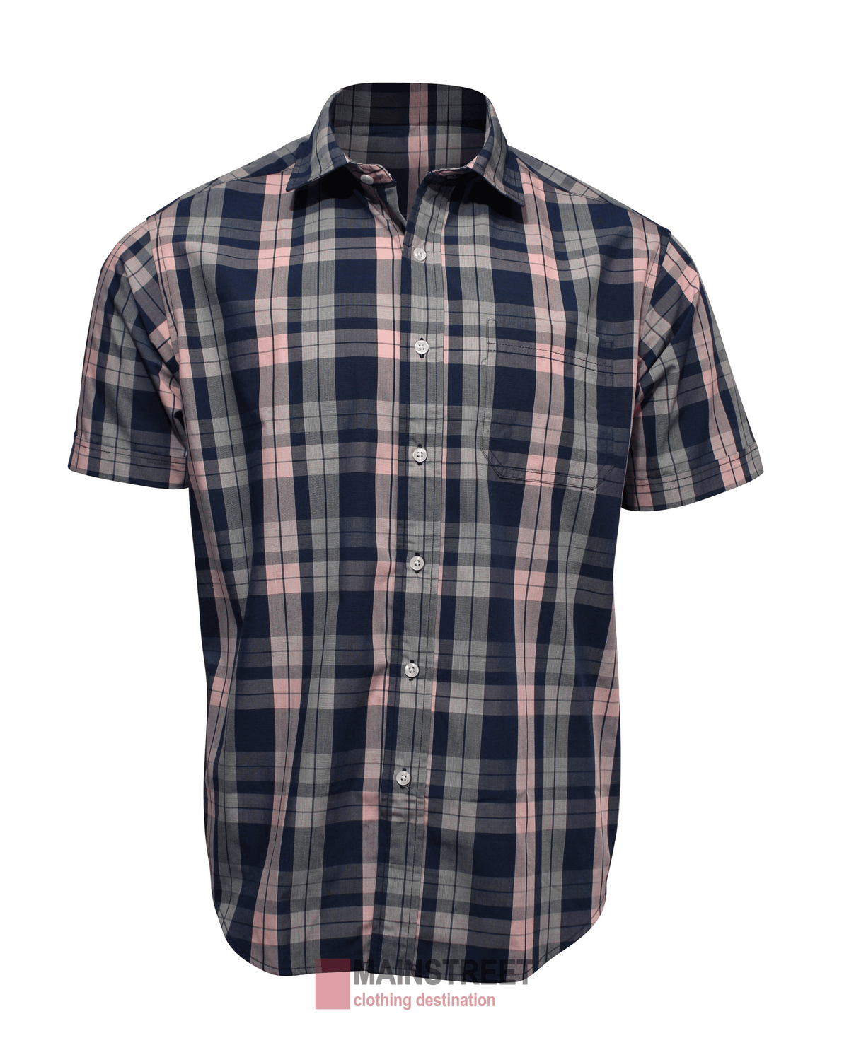 The Back Bay Bamboo Soft Touch Check Short Sleeve Shirt features a navy blue, pink, and gray plaid pattern. Made with soft-touch bamboo, it includes a left front pocket and a classic button-down design.