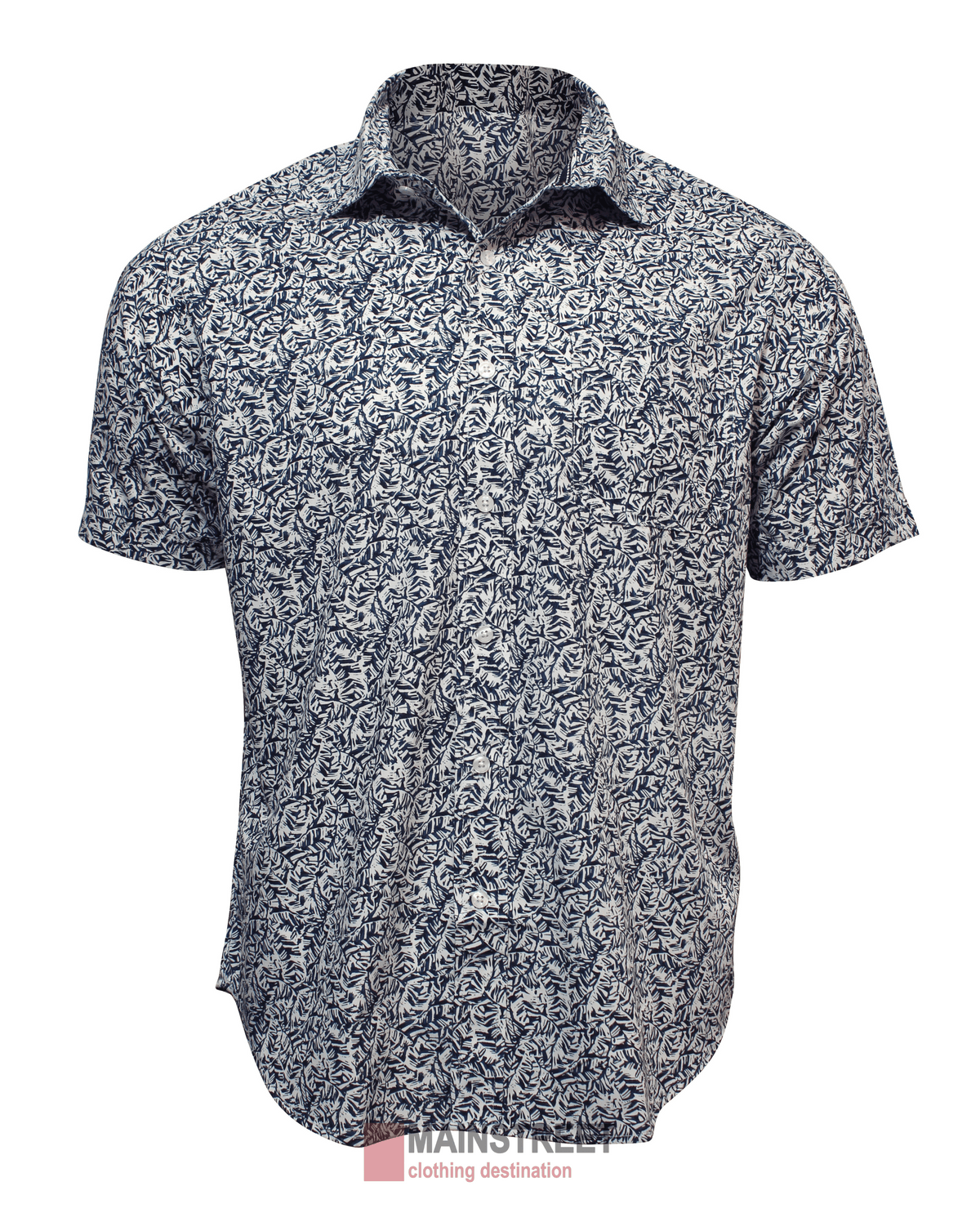 The Back Bay Bamboo Soft Touch Print Short Sleeve Shirt features a navy and white leaf pattern, collar, chest pocket, and ultra-soft fabric for all-day comfort. Displayed on a plain white background.