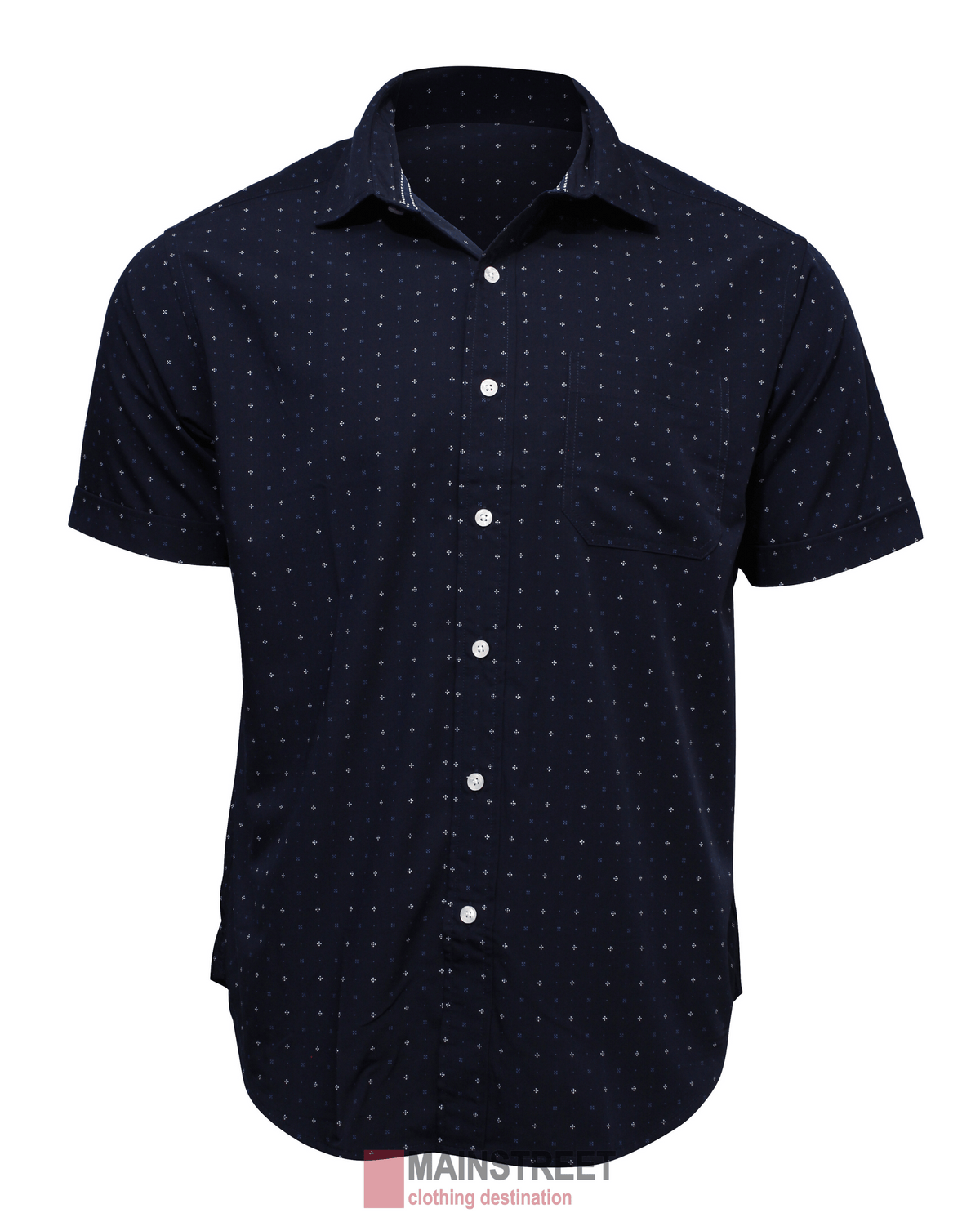 The Back Bay Bamboo Soft Touch Print Short Sleeve Shirt features a navy blue color, subtle white dotted pattern, chest pocket, and is shown against a plain white background.