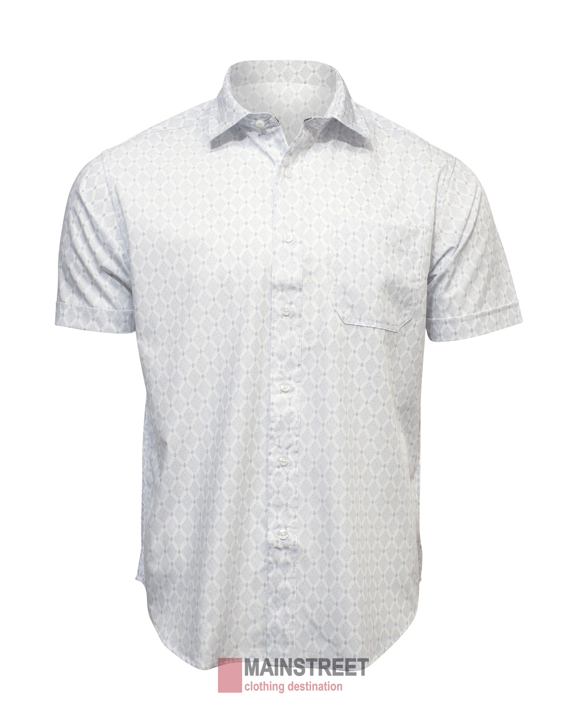 The Back Bay Bamboo Soft Touch Print Short Sleeve Shirt for men is short-sleeved, features a white pattern with a collar and front pocket, and is displayed on a white background. The "MAINSTREET clothing destination" logo appears at the bottom.