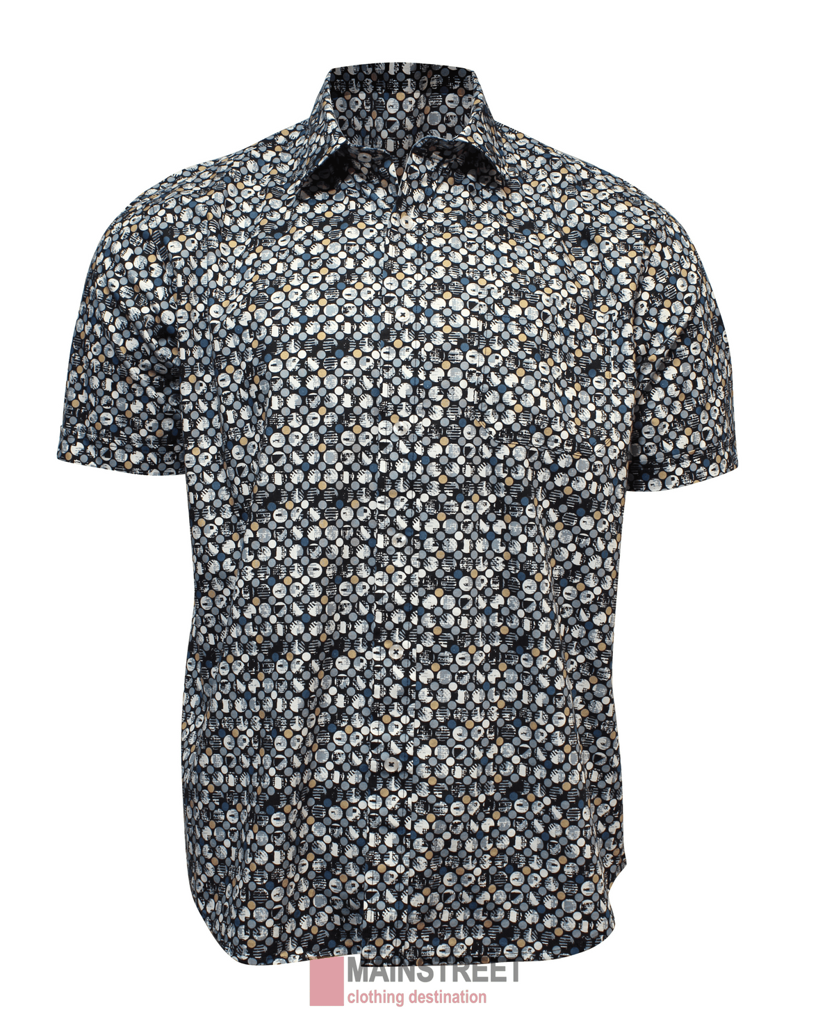 The Back Bay Stretch Cotton Print Short Sleeve Shirt features a button-up front, comfortable fit, and a dark base with an all-over small floral print in white, beige, and light blue. Displayed on a plain white background.