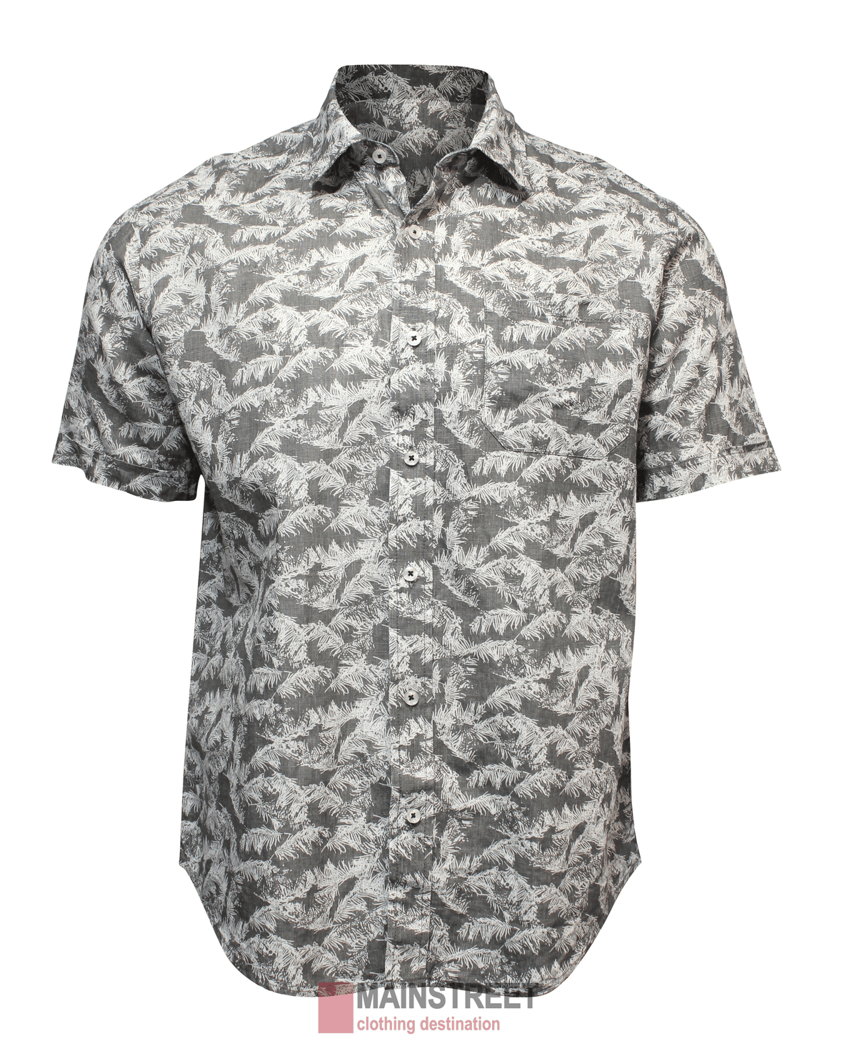The Back Bay Linen Print Short Sleeve Shirt features a relaxed fit and a gray-and-white leafy pattern, shown against a plain white background. "Mainstreet clothing destination" appears at the bottom.