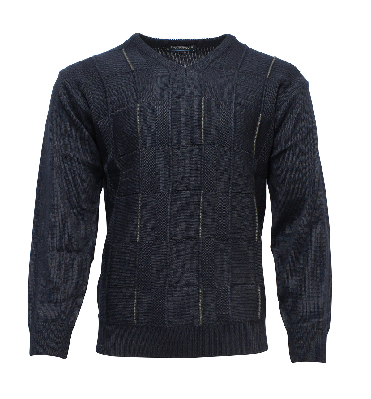 The Ansett Tradewinds Wool Blend Vee Knit is a dark blue, long-sleeve sweater with a textured square pattern and subtle grid-like lines. Made from an acrylic wool blend, it's warm, comfortable, and perfect for chilly days.