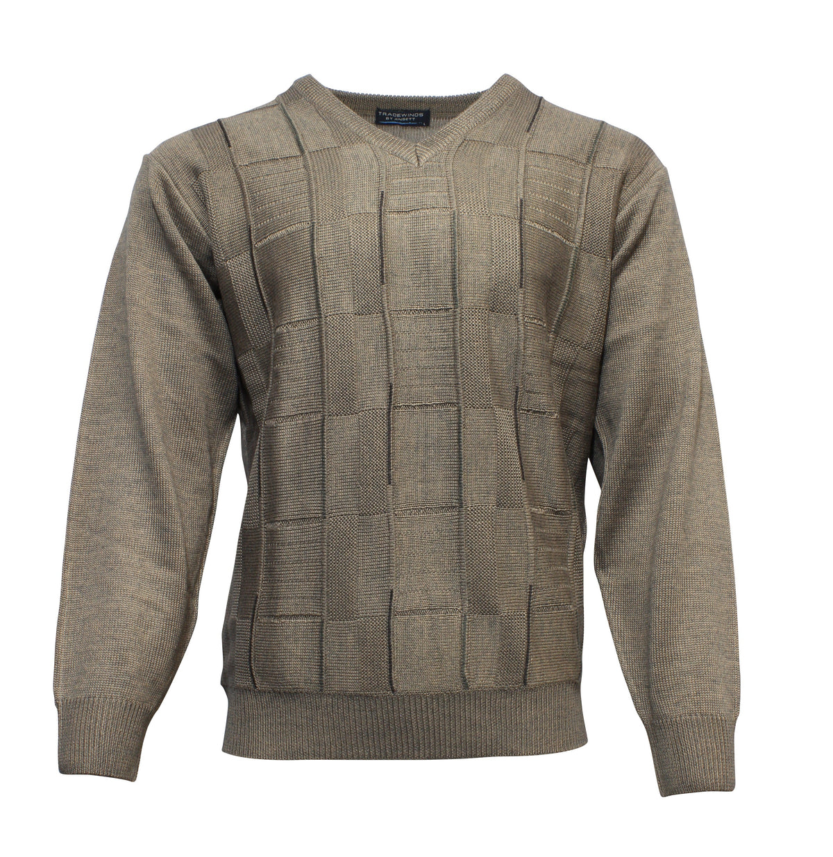 The Ansett Tradewinds Wool Blend Vee Knit is a light brown, long-sleeve V-neck sweater with a textured checkered front, ribbed cuffs and waistband, shown on a plain white background.