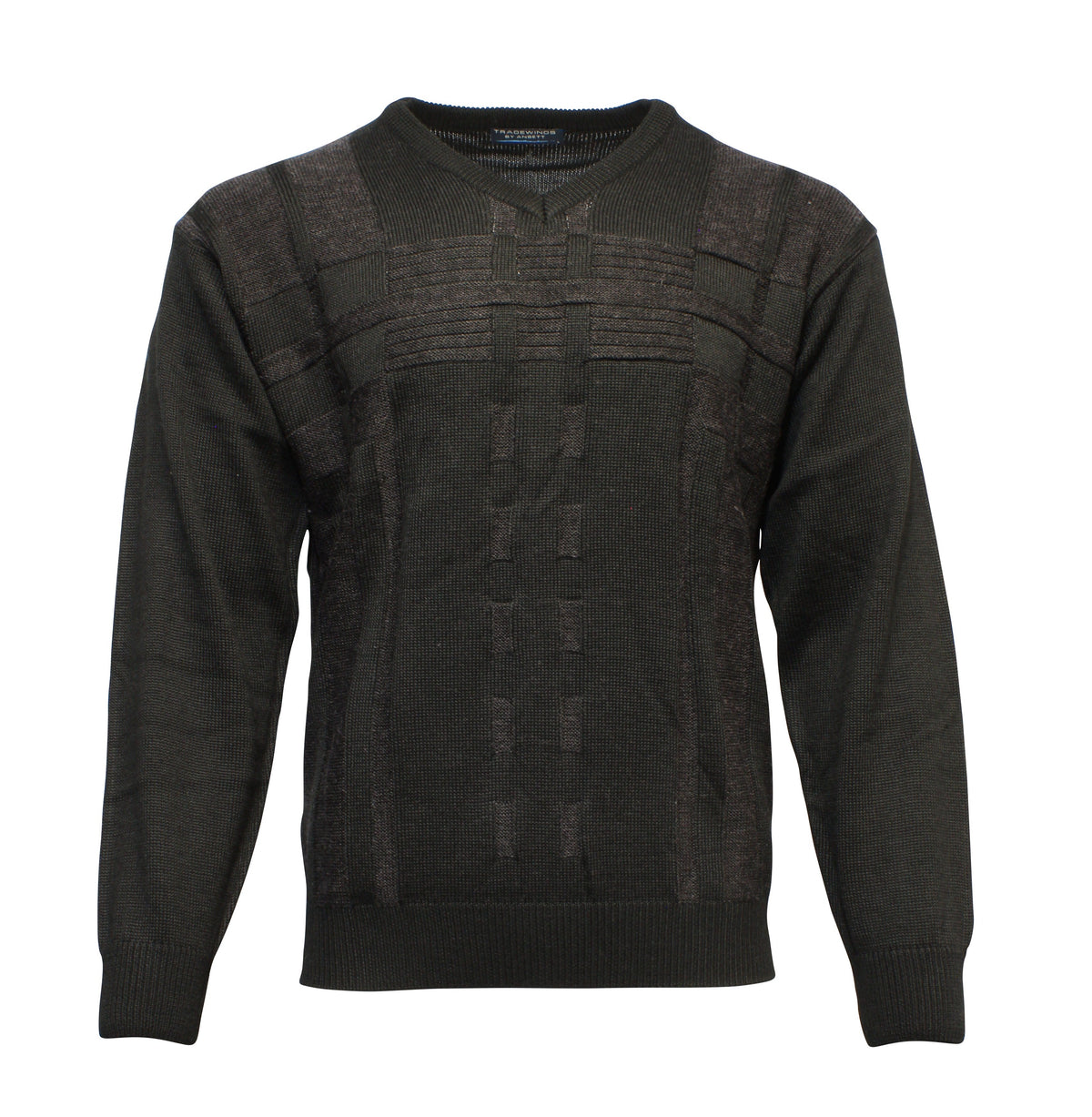 Set against a white background, the Ansett Tradewinds Wool Blend Vee Knit features a v-neck with a textured pattern on the front and sophisticated ribbed cuffs and hem.