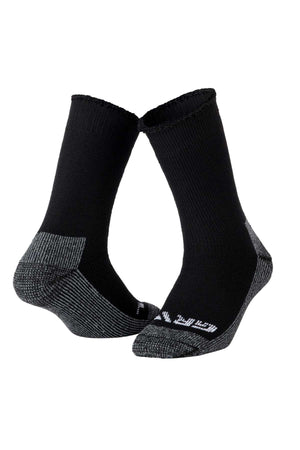 A pair of black GRVL All Terrain Wool Socks, crafted with Merino wool and gray reinforced heels and toes, stand upright with their sides touching in a heart shape. They feature a ribbed texture and visible white text on the soles.