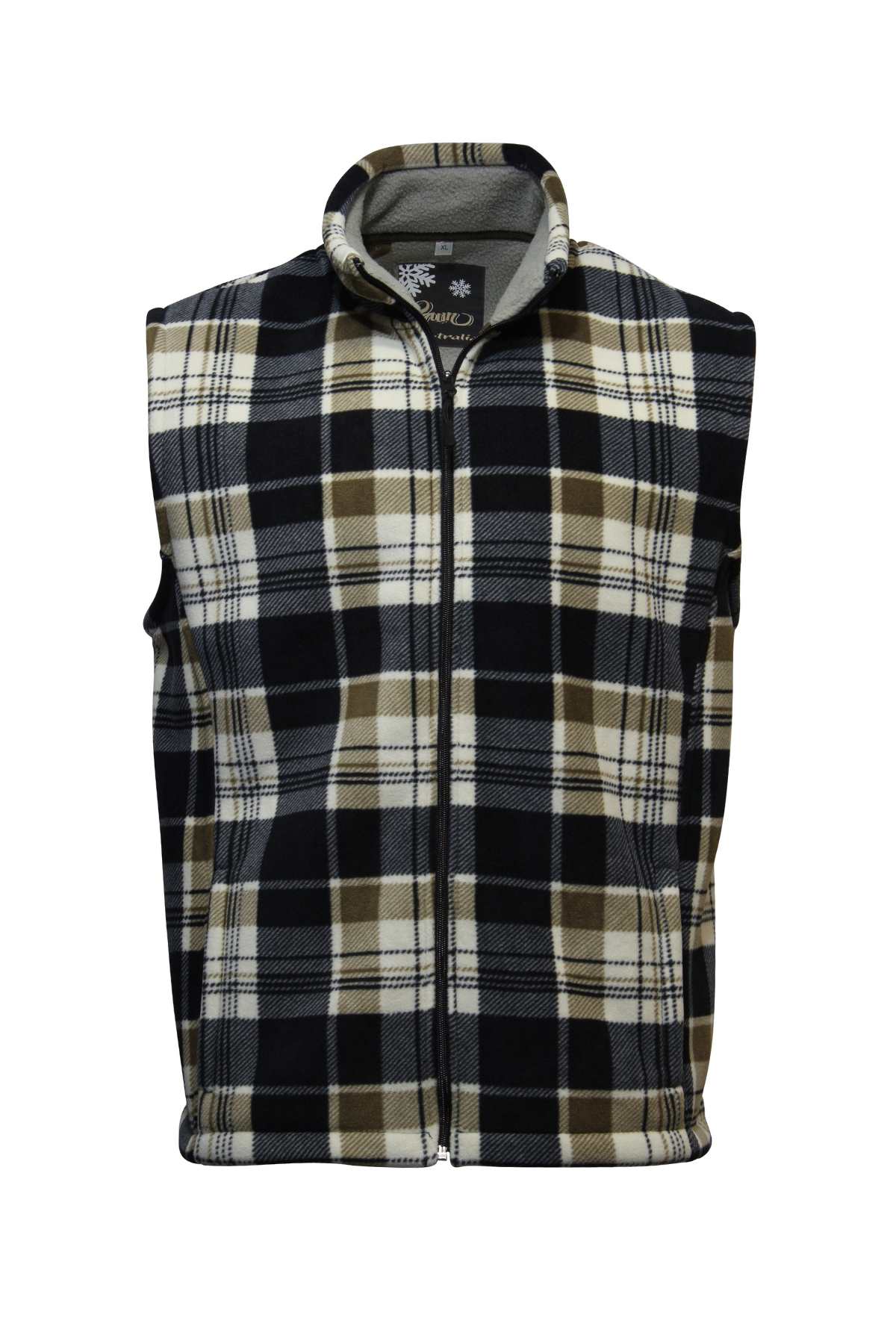 The GUM Ridge Sherpa Fleece Vest is a sleeveless zip-up with a black, white, and beige plaid pattern. Made from warm polyester fabric, it's an ideal layer for any winter wardrobe.