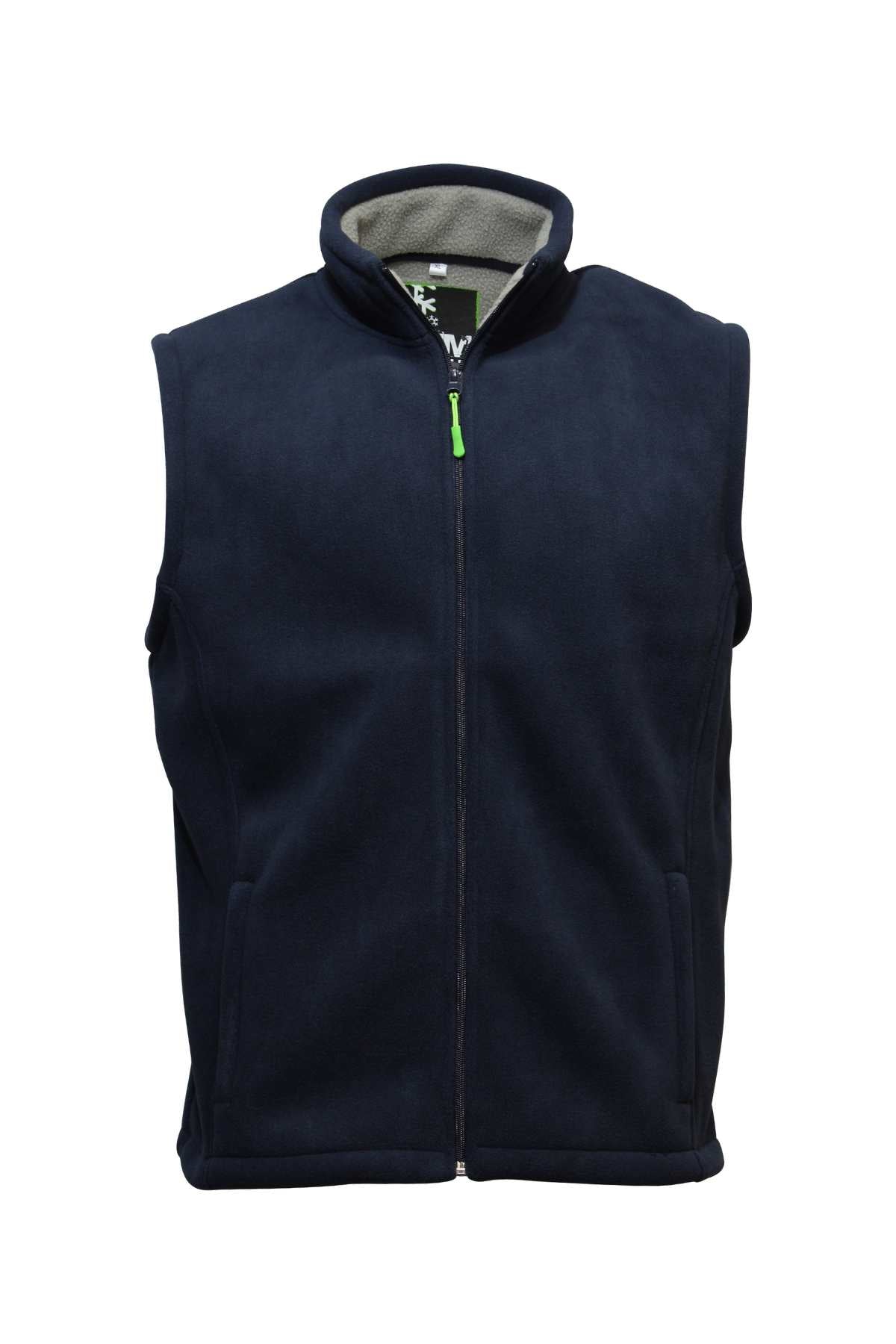 The GUM Ridge Sherpa Fleece Vest is a sleeveless navy blue essential with a high collar and front zipper, accented by a green pull tab, perfect for winter. Its minimalist design suits both outdoor and casual wear, keeping you warm and cozy.