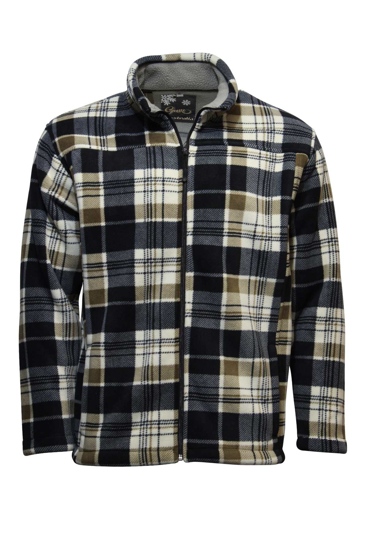 The GUM Yeti Sherpa Fleece Jacket has a plaid pattern in black, white, and brown with a zip-up front and high collar. Made from polyester, it offers cozy fleece lining and large checks for style and warmth.