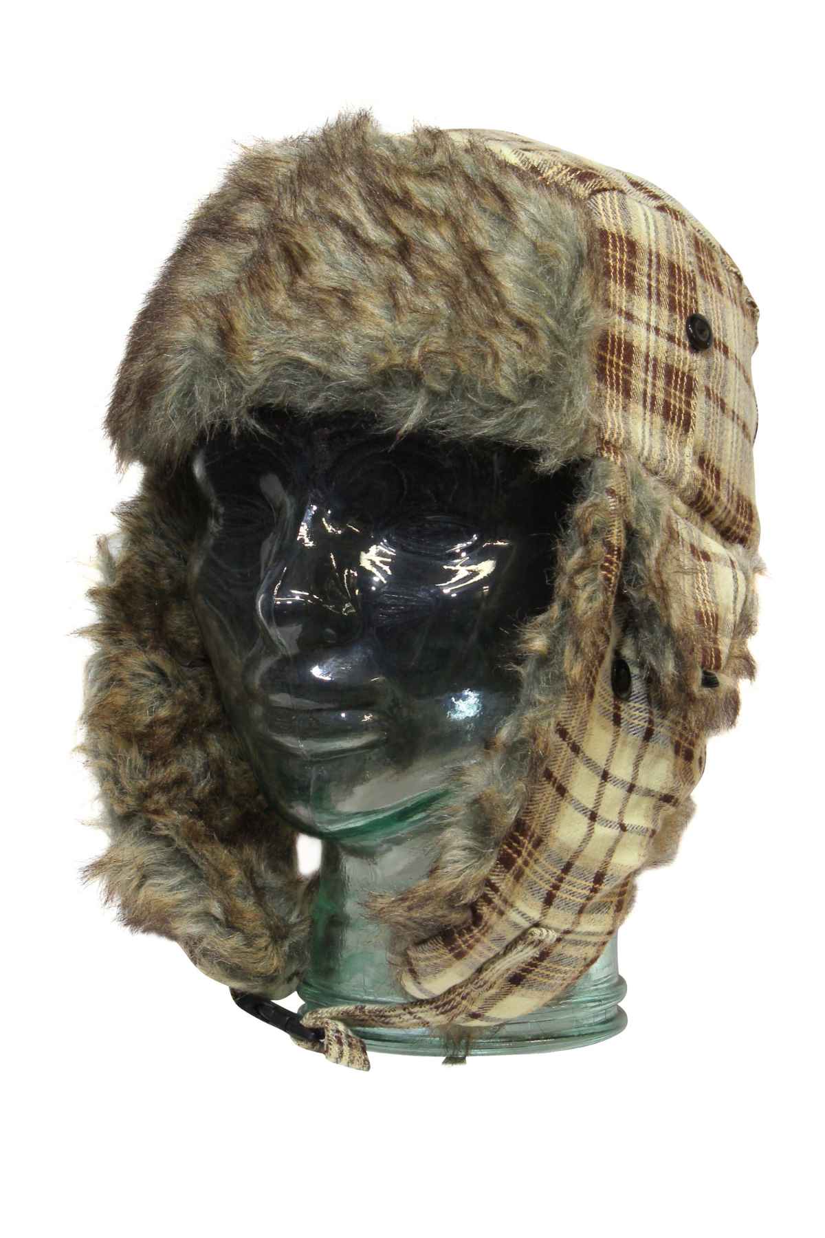 The GUM Artic Trooper, a plaid trapper hat with faux fur lining, offers ultimate warmth and is elegantly displayed on a glass mannequin head.