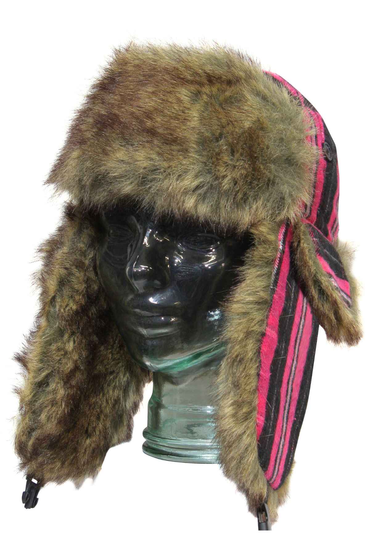 A mannequin head models a GUM Arctic Trooper trapper hat, featuring pink and black stripes. This cap includes ear flaps and a thick front brim for optimal winter warmth.
