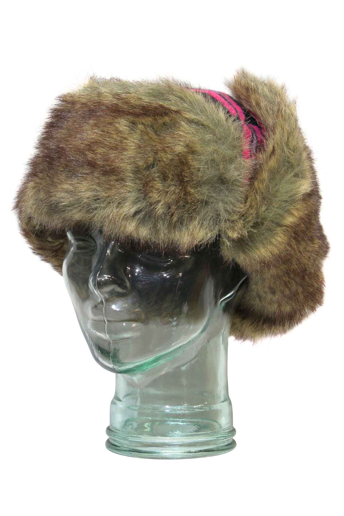 A GUM Artic Trooper flying cap, featuring a brown textured exterior and ear flaps with a touch of pink lining, is showcased on a clear glass mannequin head for winter warmth.