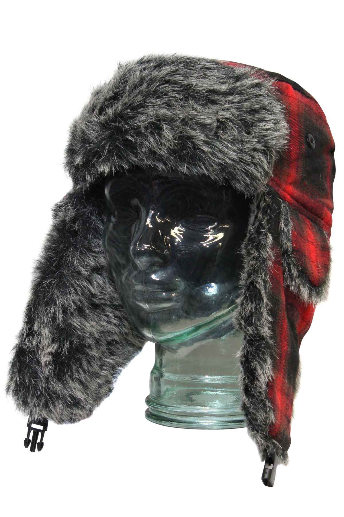 A clear glass mannequin head displays the GUM Arctic Trooper—a red and black plaid flying cap with thick gray fluffy lining on the ear flaps and brim—isolated on a white background.