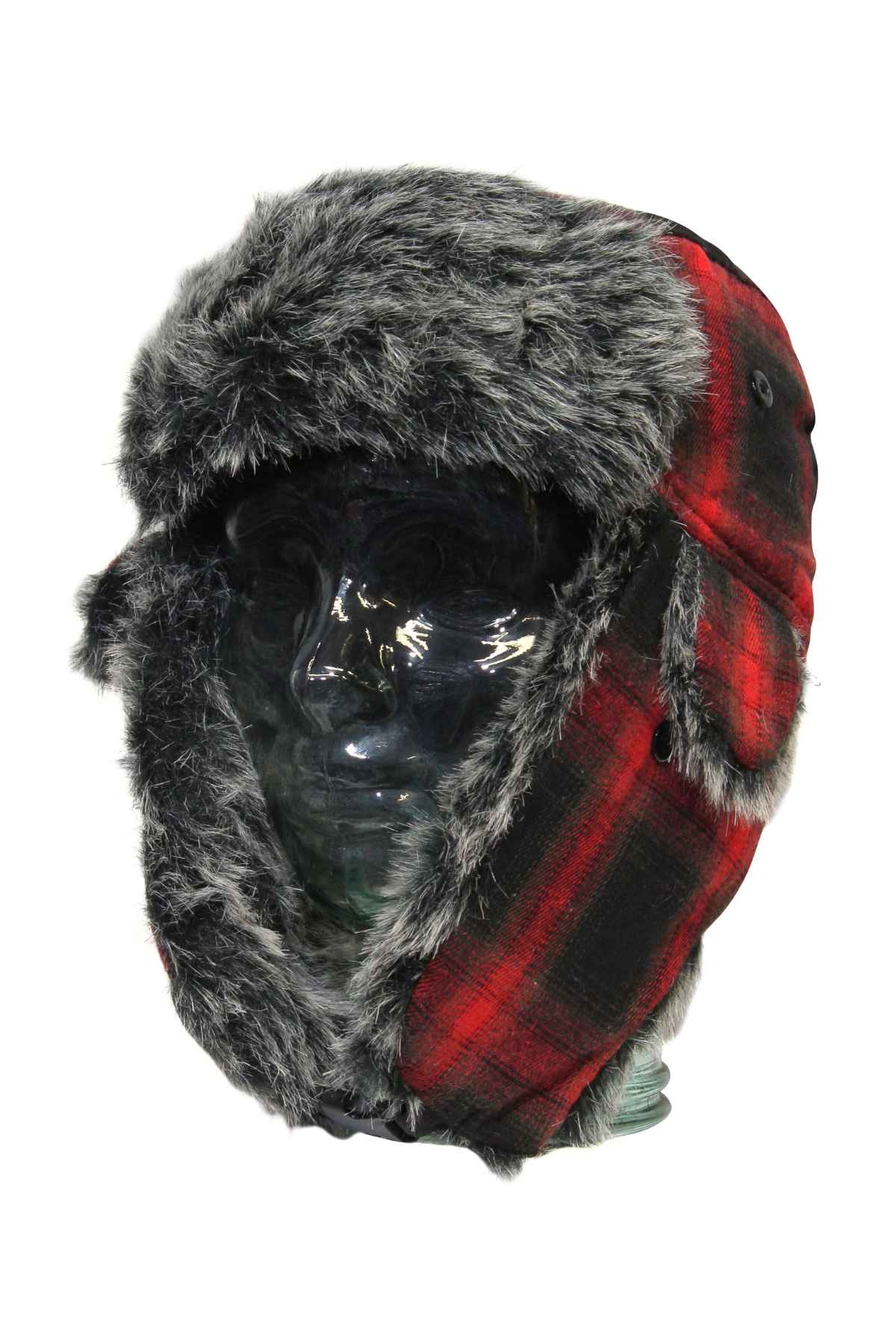 A glass head mannequin wears the GUM Arctic Trooper, a red and black plaid flying cap with gray fluffy lining on the ear flaps and brim, set against a plain white background.