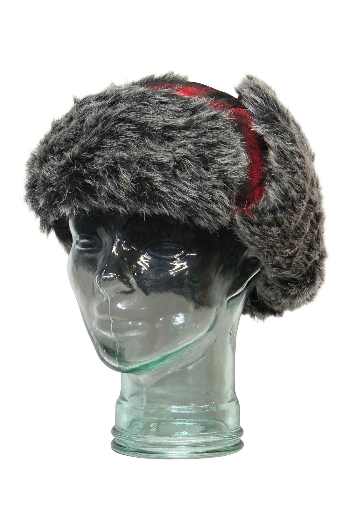 A glass mannequin head displays the GUM Arctic Trooper, a plaid flying cap featuring gray faux fur trim and a fluffy lining, set against a white background.