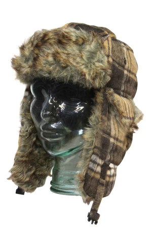 A clear mannequin head dons the GUM Arctic Trooper, a brown plaid and faux fur trapper hat. Featuring ear flaps and a soft, fluffy texture around the edges, this flying cap guarantees winter warmth with its cozy, patterned fabric.
