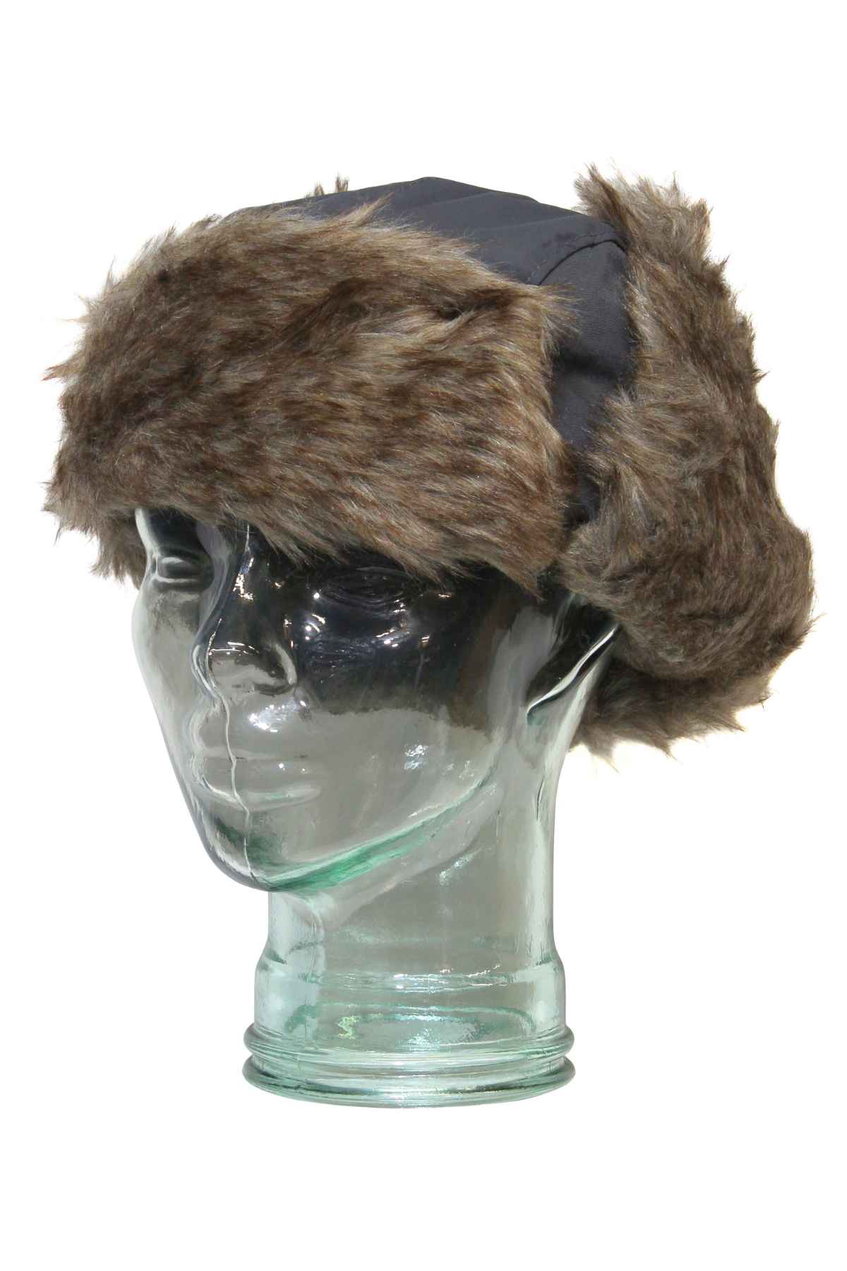 A glass mannequin head displays the GUM Eskimo Trooper, a winter hat with a dark polyester top and wide brown faux fur trim around the sides and brim.