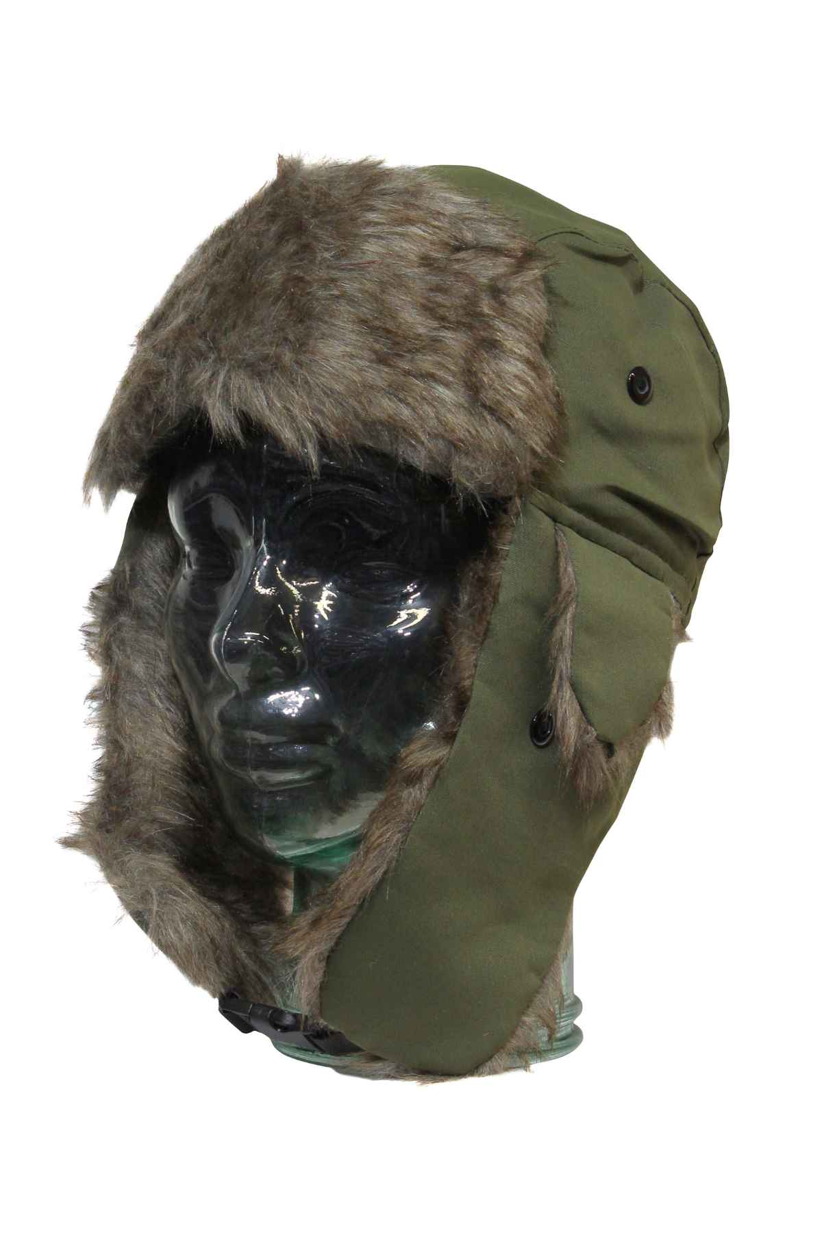 A green GUM Eskimo Trooper hat with fluffy lining and brown faux fur on the ear flaps and brim, shown on a transparent glass mannequin head.
