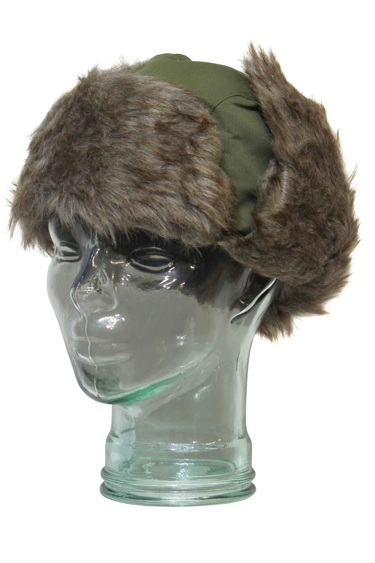A GUM Eskimo Trooper hat in green with brown faux fur trim and fluffy lining is shown on a clear glass mannequin head.