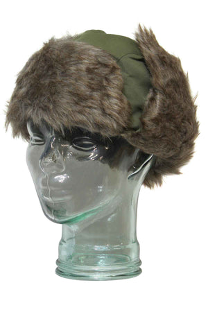 A GUM Eskimo Trooper hat in green with brown faux fur trim and fluffy lining is shown on a clear glass mannequin head.