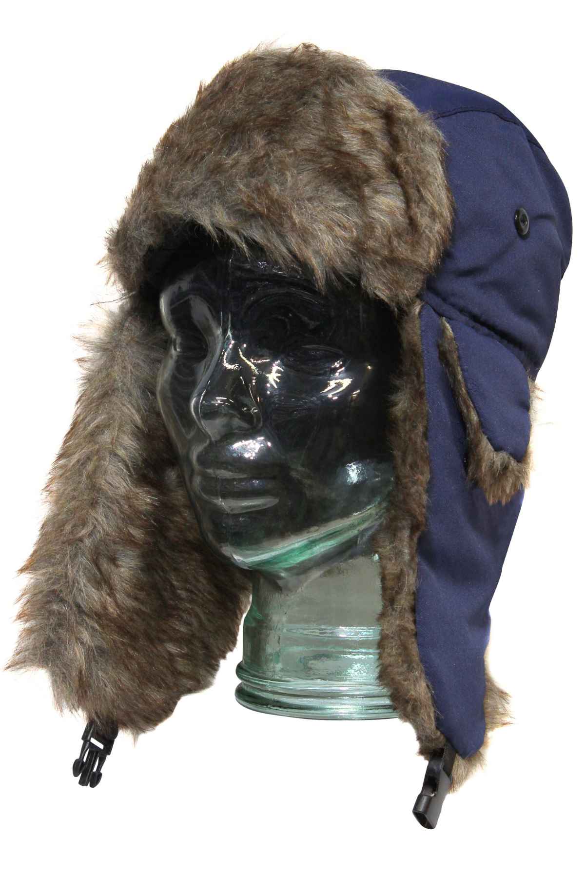 A glass mannequin head displays the GUM Eskimo Trooper trapper hat, featuring navy blue and brown faux fur with ear flaps, a fluffy lining, and a black adjustable chin strap.