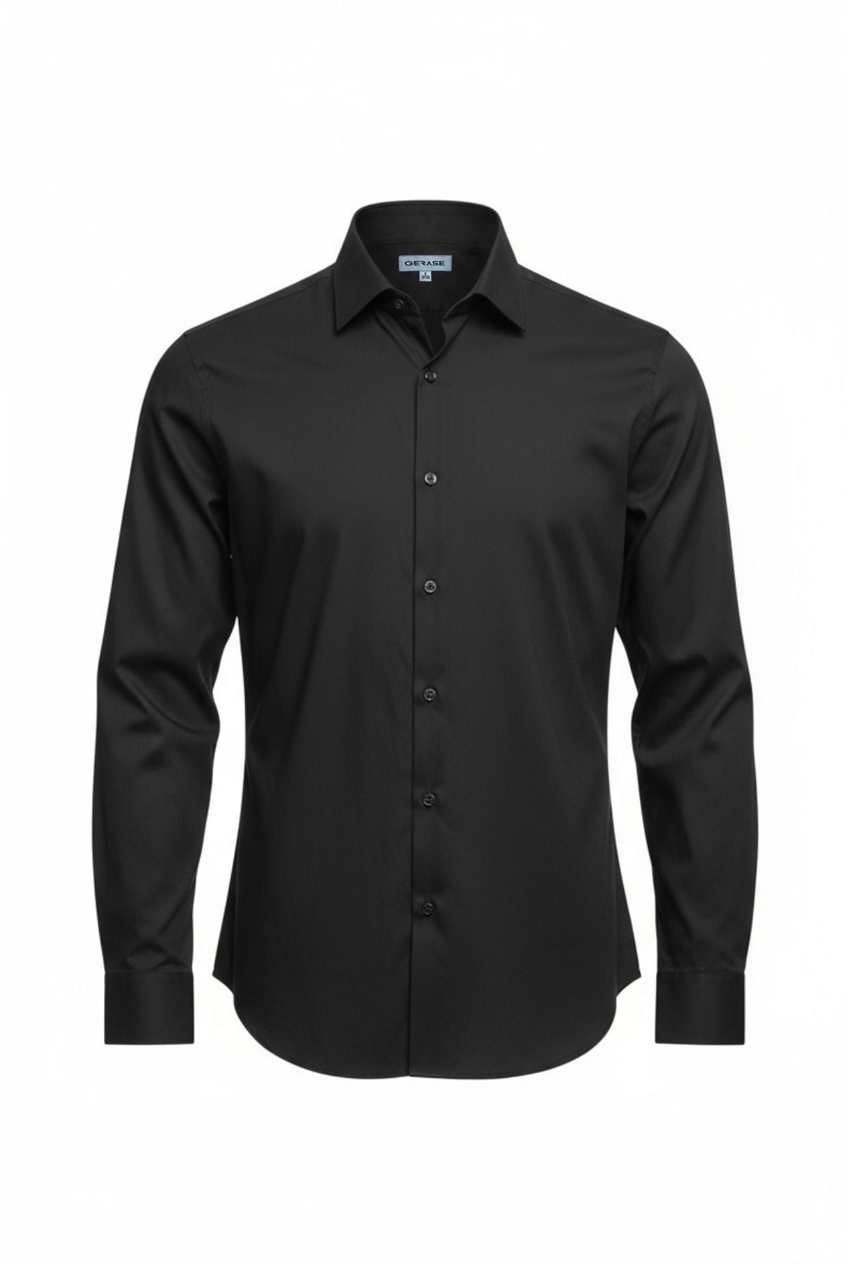 The Gerase Bamboo Dress Shirt is a plain black, long-sleeve, button-up shirt with a collar, displayed on a white background.