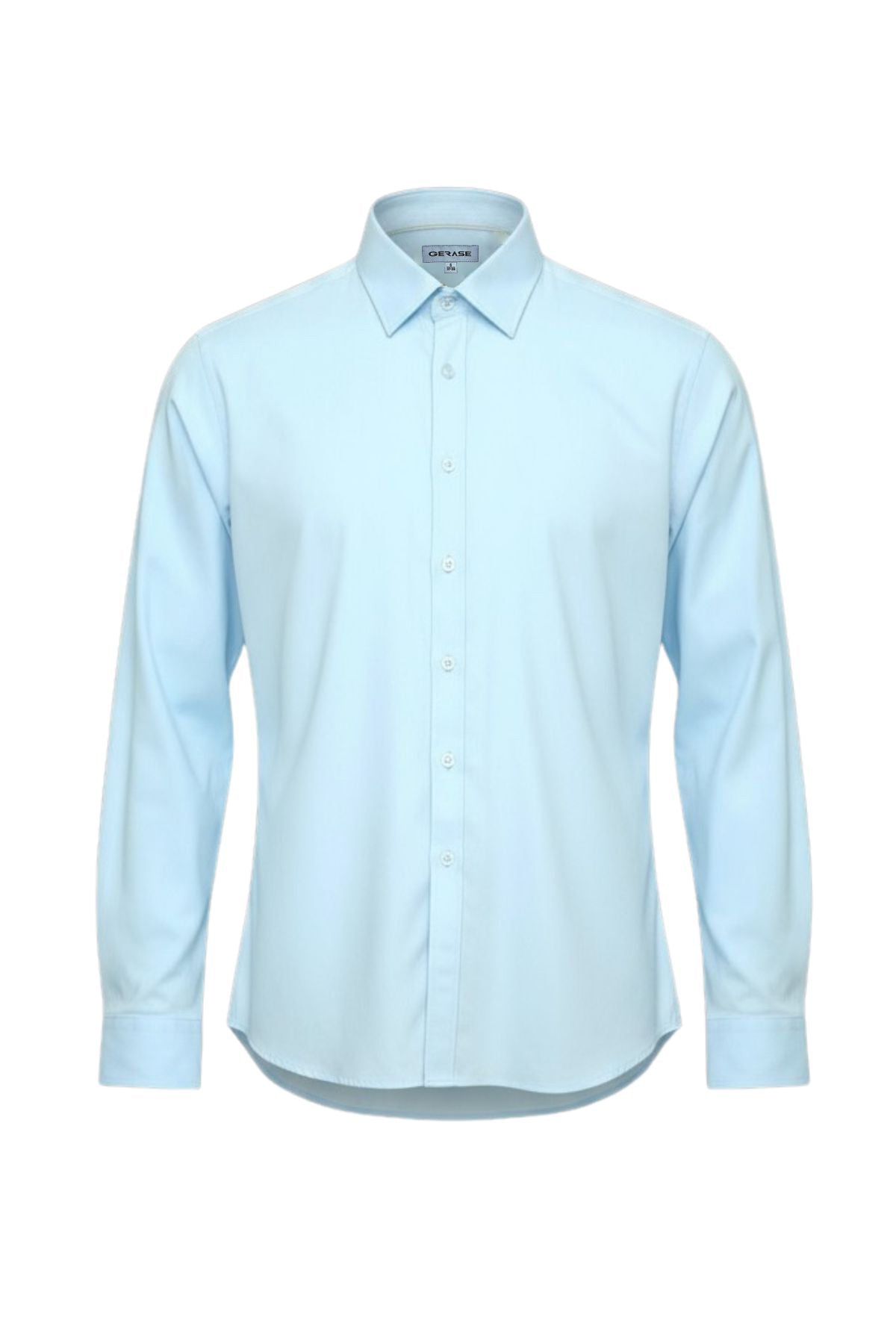 The Gerase Bamboo Dress Shirt features a light blue color, long sleeves, button-up front, and classic collar, shown on a plain white background.