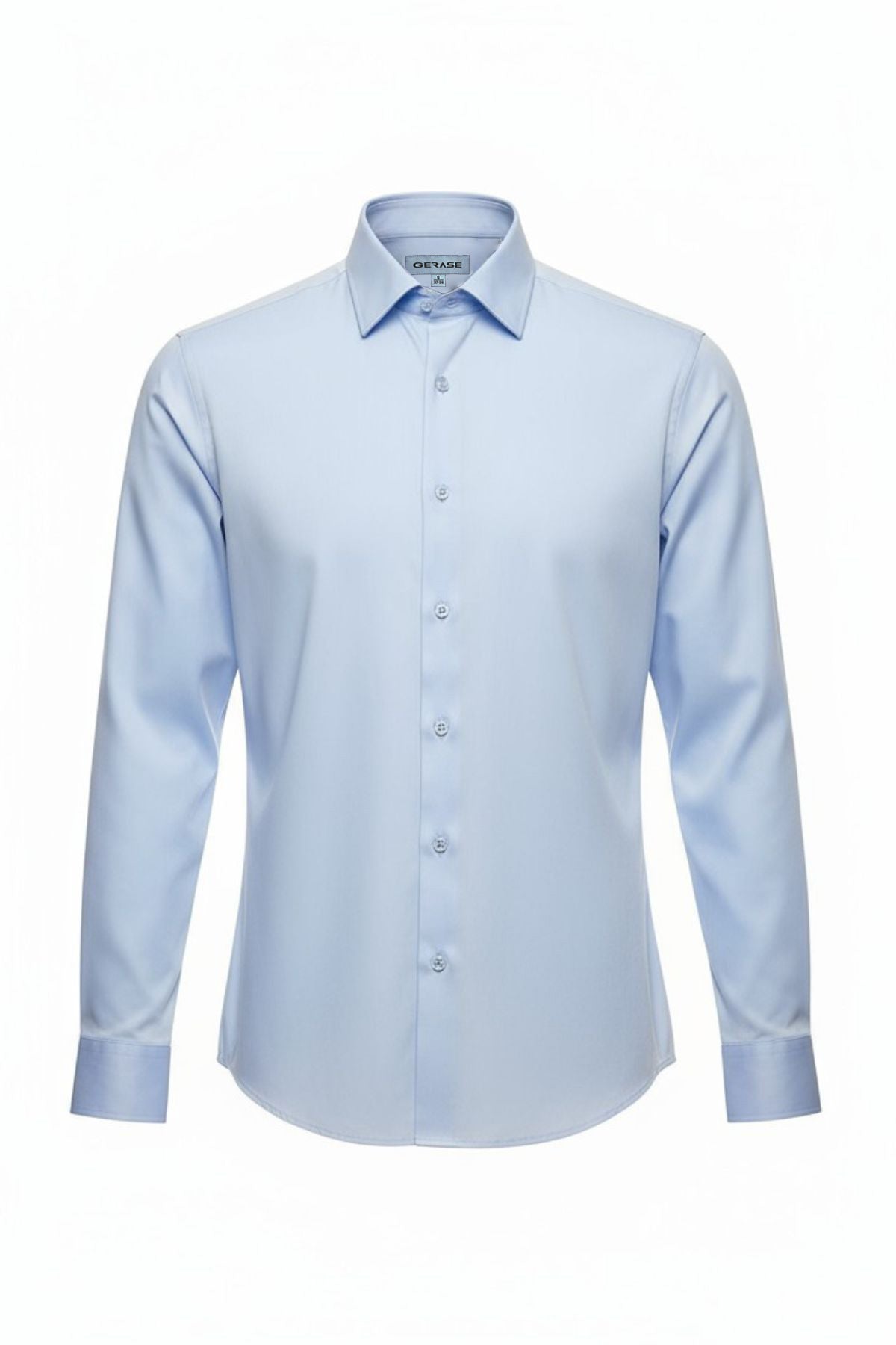 The Gerase Bamboo Dress Shirt is a light blue, long-sleeve button-up with a classic collar, shown on a plain white background.