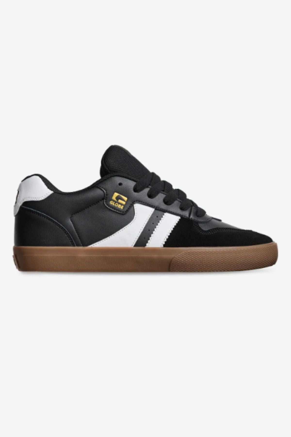 The Globe Encore-2 is a black and white low-top skate shoe featuring a durable herringbone outsole, cushioned insole, brown rubber sole, white side stripe, perforated accents, and a small gold “Globe” logo by the laces.