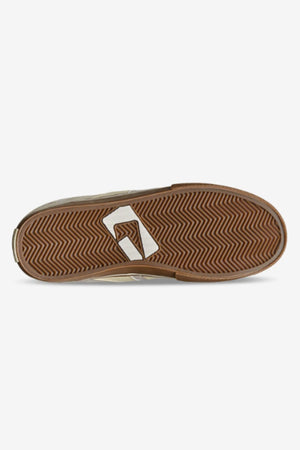 The image shows the brown gum rubber sole of Globe Encore-2 skate shoes, featuring a durable herringbone tread pattern and a white geometric design near the center.