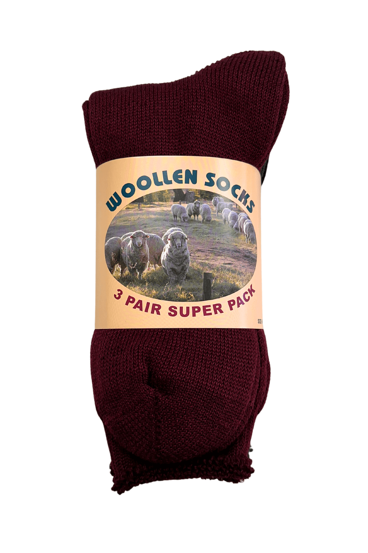 A pack of durable Good Fellows woollen socks in maroon color. The packaging features a label with text "Good Fellows 3 Pack Woollen Socks" and an image of sheep grazing in a field, showcasing the quality of Australian wool.