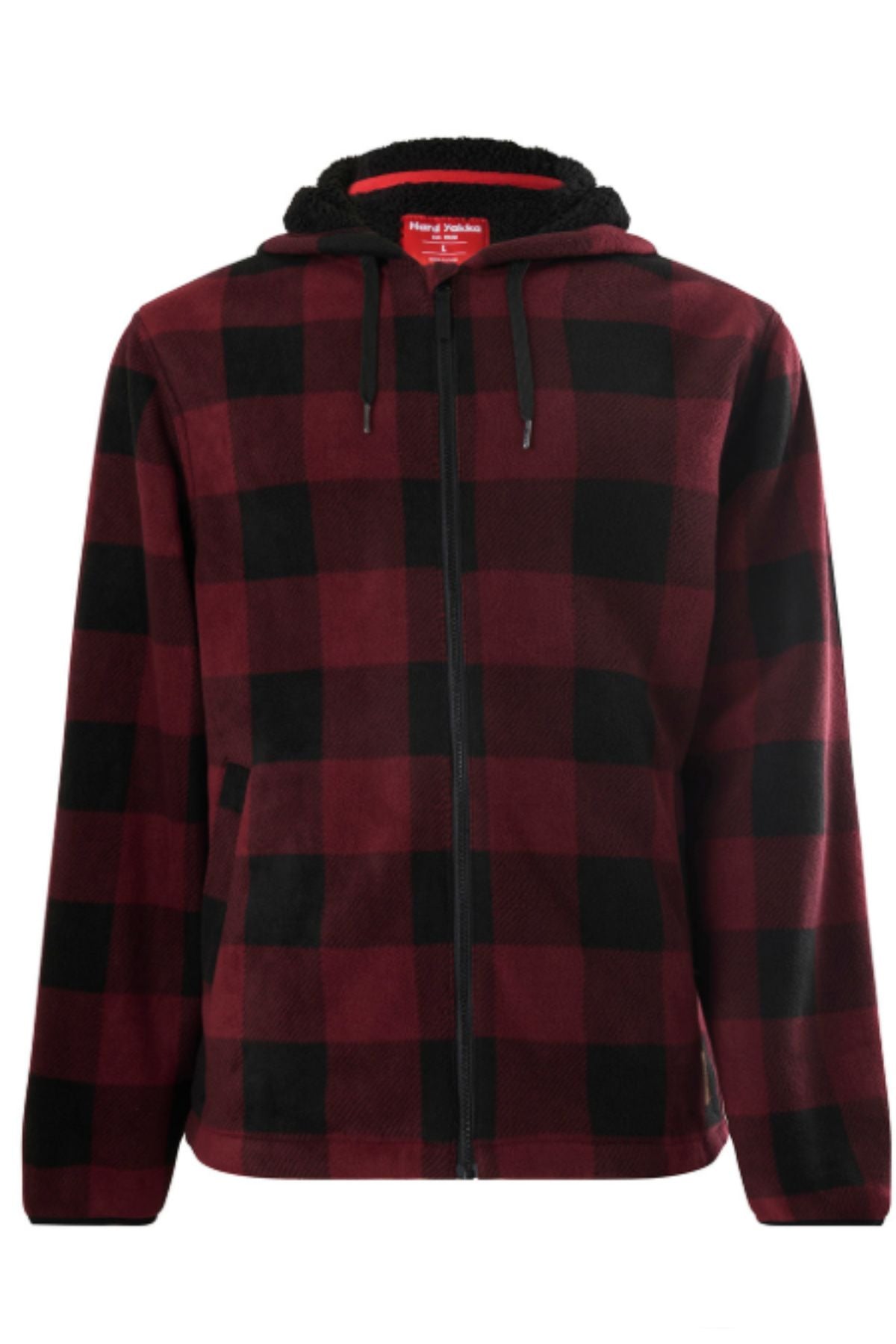 The Yakka Camper Jacket is a hooded zip-up with a red and black buffalo plaid pattern, black drawstrings, and a soft fleece-like texture.