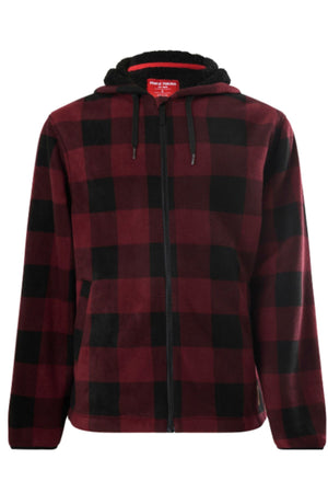 The Yakka Camper Jacket is a hooded zip-up with a red and black buffalo plaid pattern, black drawstrings, and a soft fleece-like texture.