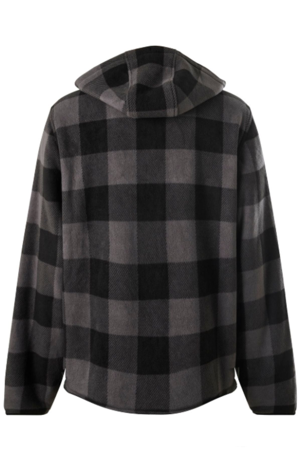 The Yakka Camper Jacket, shown from the back in a black and gray check pattern, features long sleeves, a relaxed fit, and cozy sherpa lining for added warmth.
