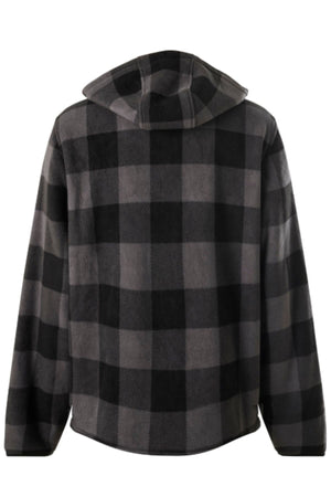 The Yakka Camper Jacket, shown from the back in a black and gray check pattern, features long sleeves, a relaxed fit, and cozy sherpa lining for added warmth.