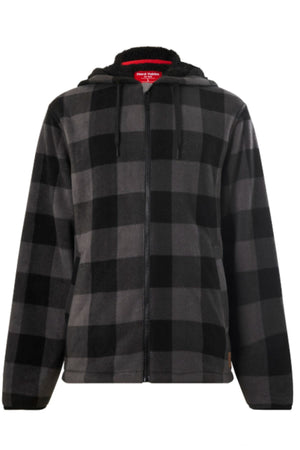 The Yakka Camper Jacket, featuring a black and dark gray check pattern with a zip-up front, hood, and drawstrings, is shown on a plain white background.