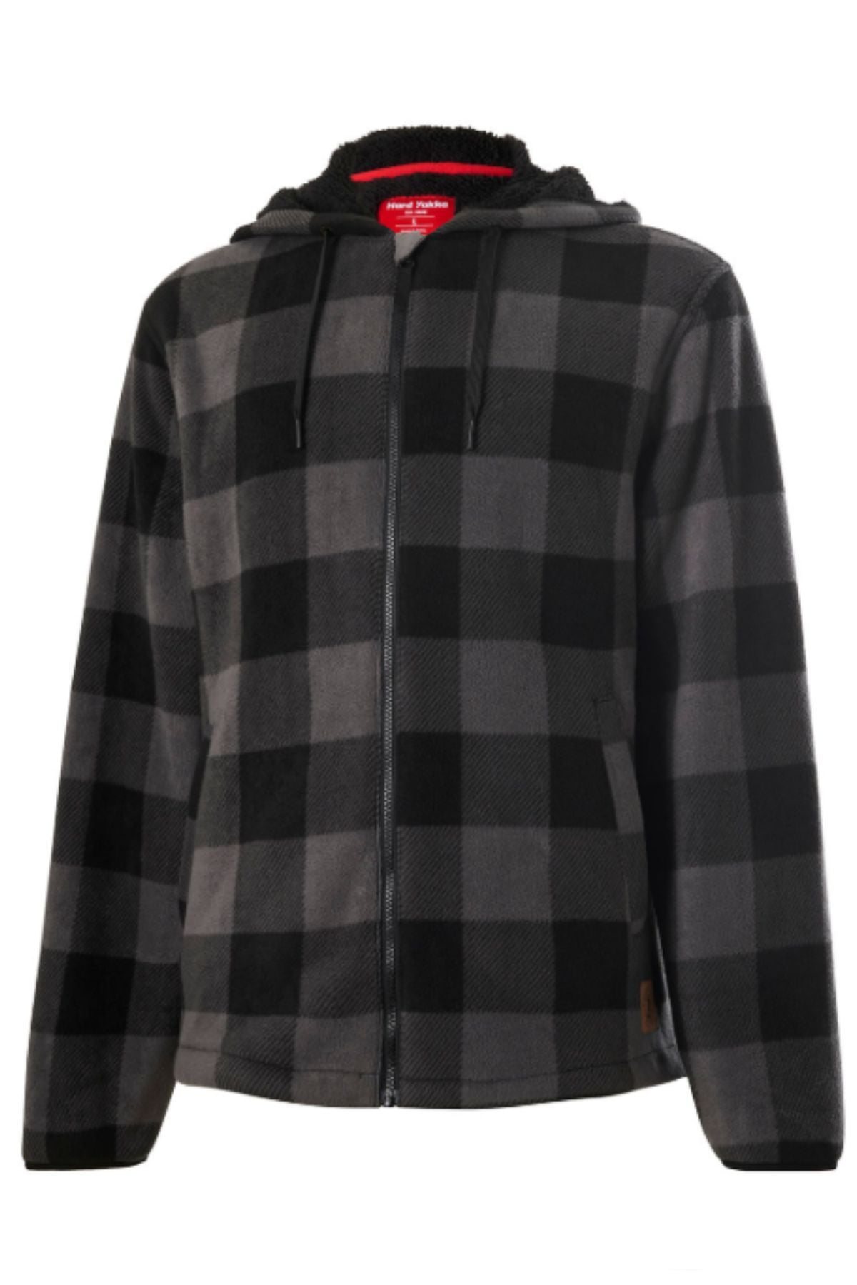 The Yakka Camper Jacket is a zip-up hoodie featuring a black and dark gray check pattern, black drawstrings, a hood, and side pockets, shown against a white background.