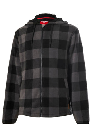 The Yakka Camper Jacket is a zip-up hoodie featuring a black and dark gray check pattern, black drawstrings, a hood, and side pockets, shown against a white background.