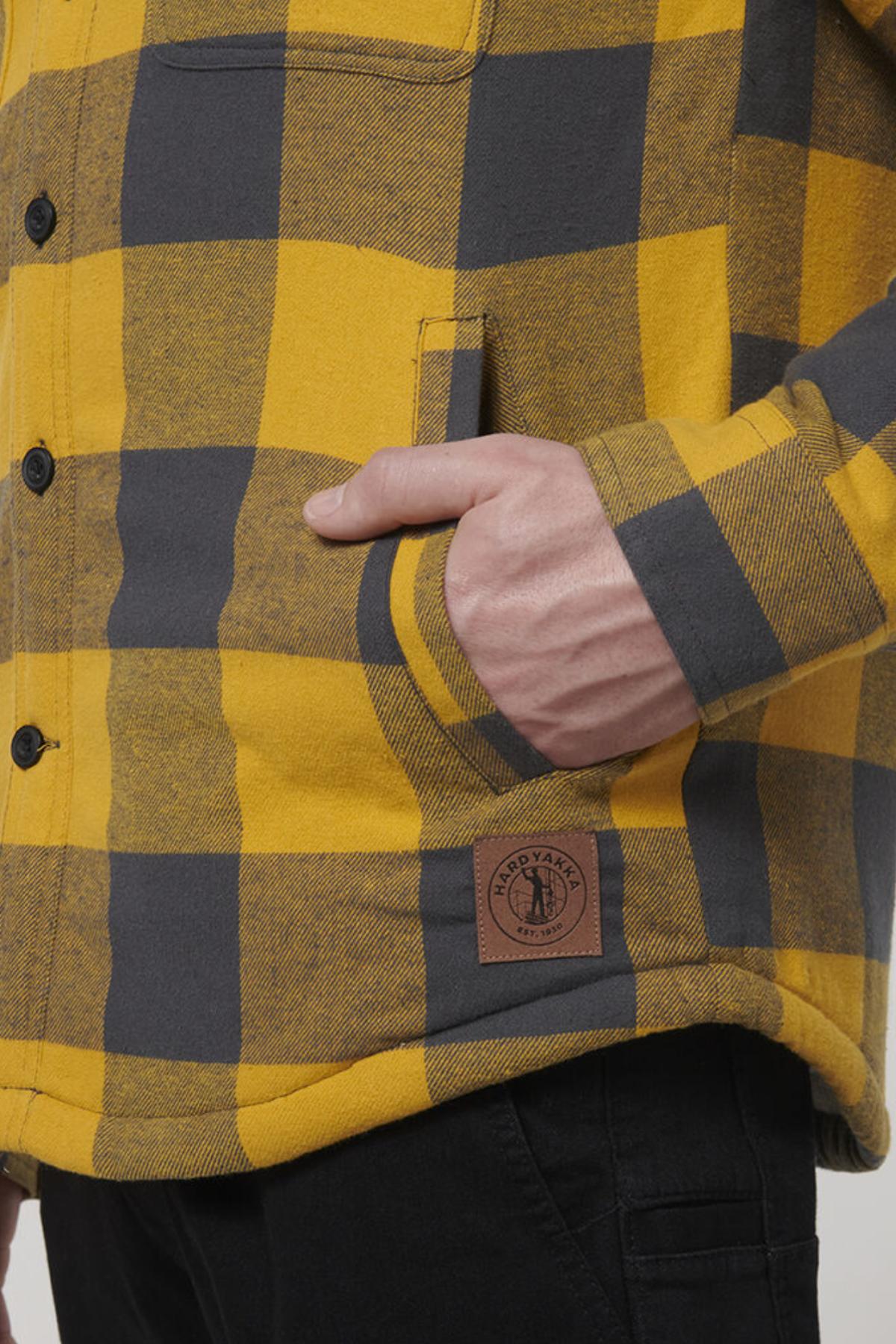 A person wears the Hard Yakka Heritage Trucker Sherpa Jacket—a yellow and gray plaid, 100% cotton button-up with a Sherpa collar, logo patch near the hem, and black pants. One hand is in their pocket.