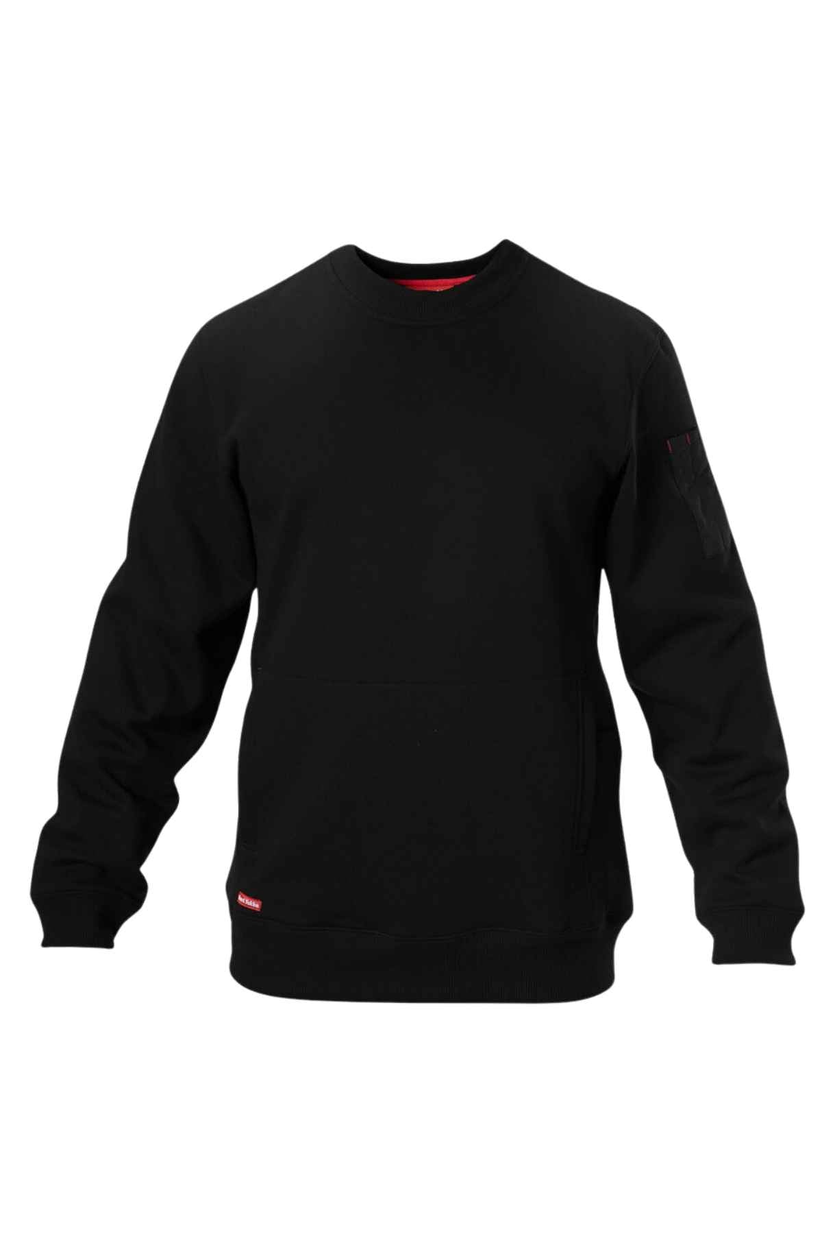The Hard Yakka Plain Fleece Crew is a black sweatshirt featuring long sleeves, ribbed cuffs and hem, a red tag detail near the bottom hem, and handy kangaroo pouch pockets.