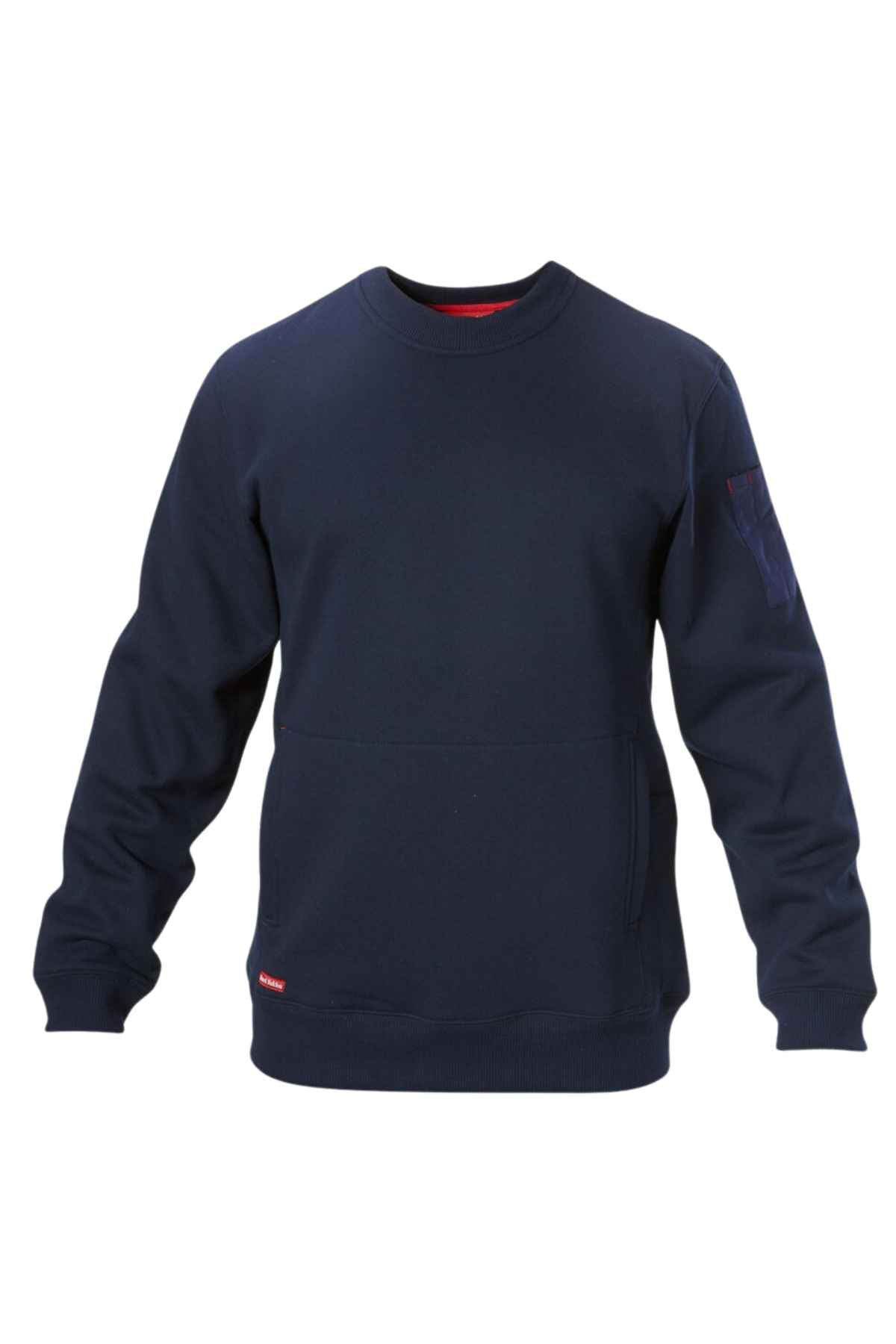 The Hard Yakka Plain Fleece Crew is dark blue with long sleeves and a small red logo tag near the hem. Made from soft, comfortable fabric, it features a minimalist design with no extra patterns or graphics.