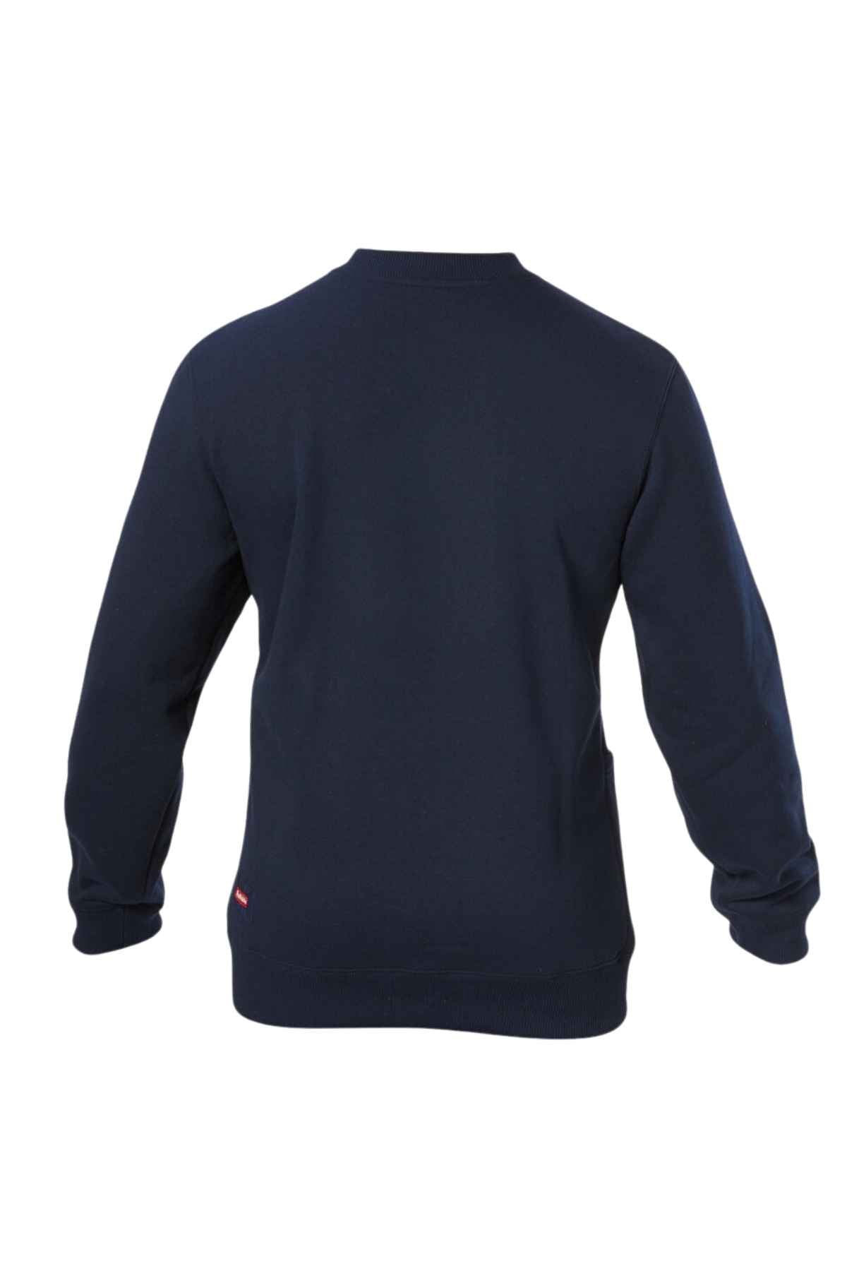 The Hard Yakka Plain Fleece Crew sweatshirt in navy is shown from the back, featuring long sleeves and a classic crew neckline. A small red tag decorates the left bottom hem, while discreet utility pockets enhance its sleek design.
