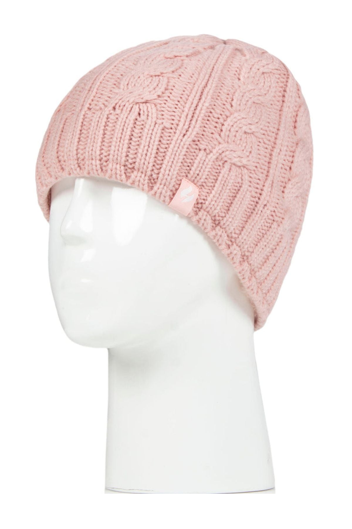 The Heat Holders Alesund Ladies Thermal Beanie, in light pink with a cable pattern, is shown on a white mannequin head from a front-side angle. This stylish beanie provides cozy warmth, ideal for cold days.