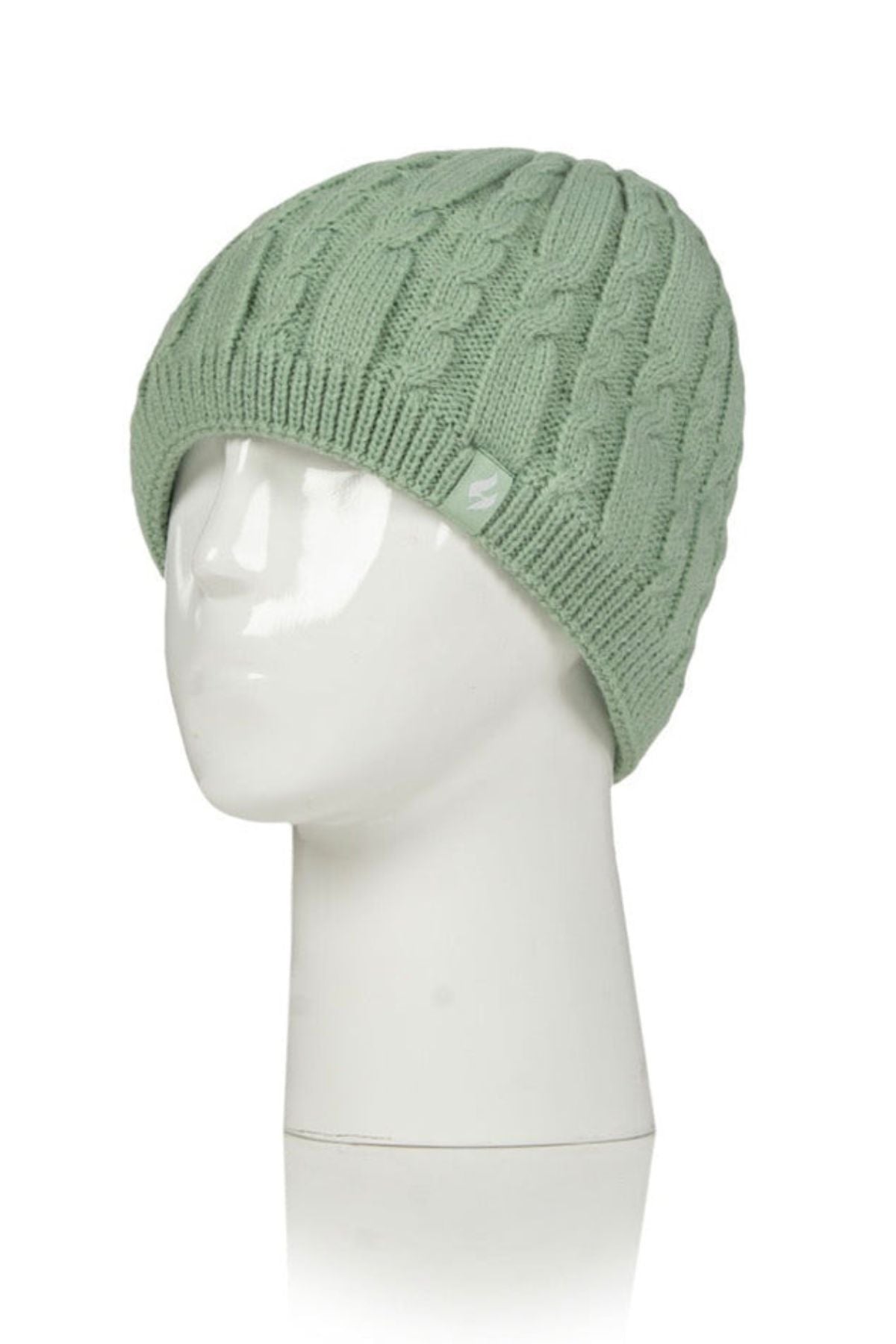 The Heat Holders Alesund Ladies Thermal Beanie, in light green with a cable-knit design, is shown on a white mannequin head from the side against a plain white background, emphasizing its cozy thermal features.
